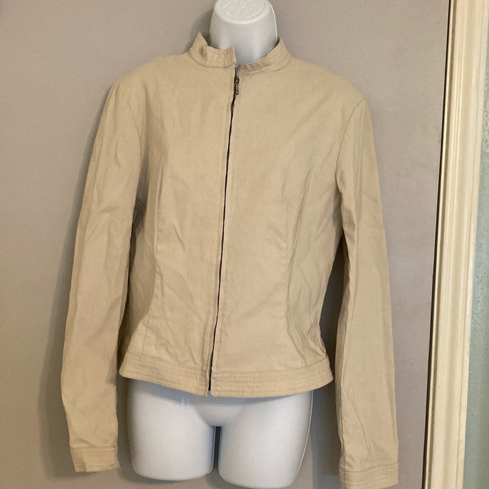 Zara Basic Cream Beige Rayon Nylon Zip Up Mock Neck Bomber Jacket Size M 18” p2p